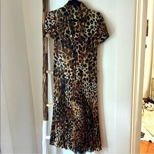 Escada Animal Leopard Print Short Sleeve Pleated Skirt Sheer Midi Dress XS